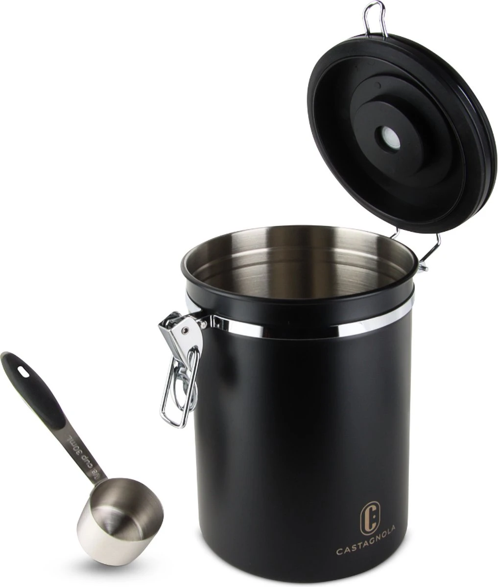 Castagnola Koffie Bewaarbus - Luchtdicht Met CO2 Uitlaat - Voor 600 Gram Koffiebonen - Koffieblik Matzwart Voorraadbussen - Voorraadbus - 1.8L 1 Castagnola Koffie Bewaarbus - Luchtdicht Met CO2 Uitlaat - Voor 600 Gram Koffiebonen - Koffieblik Matzwart Voorraadbussen - Voorraadbus - 1.8L