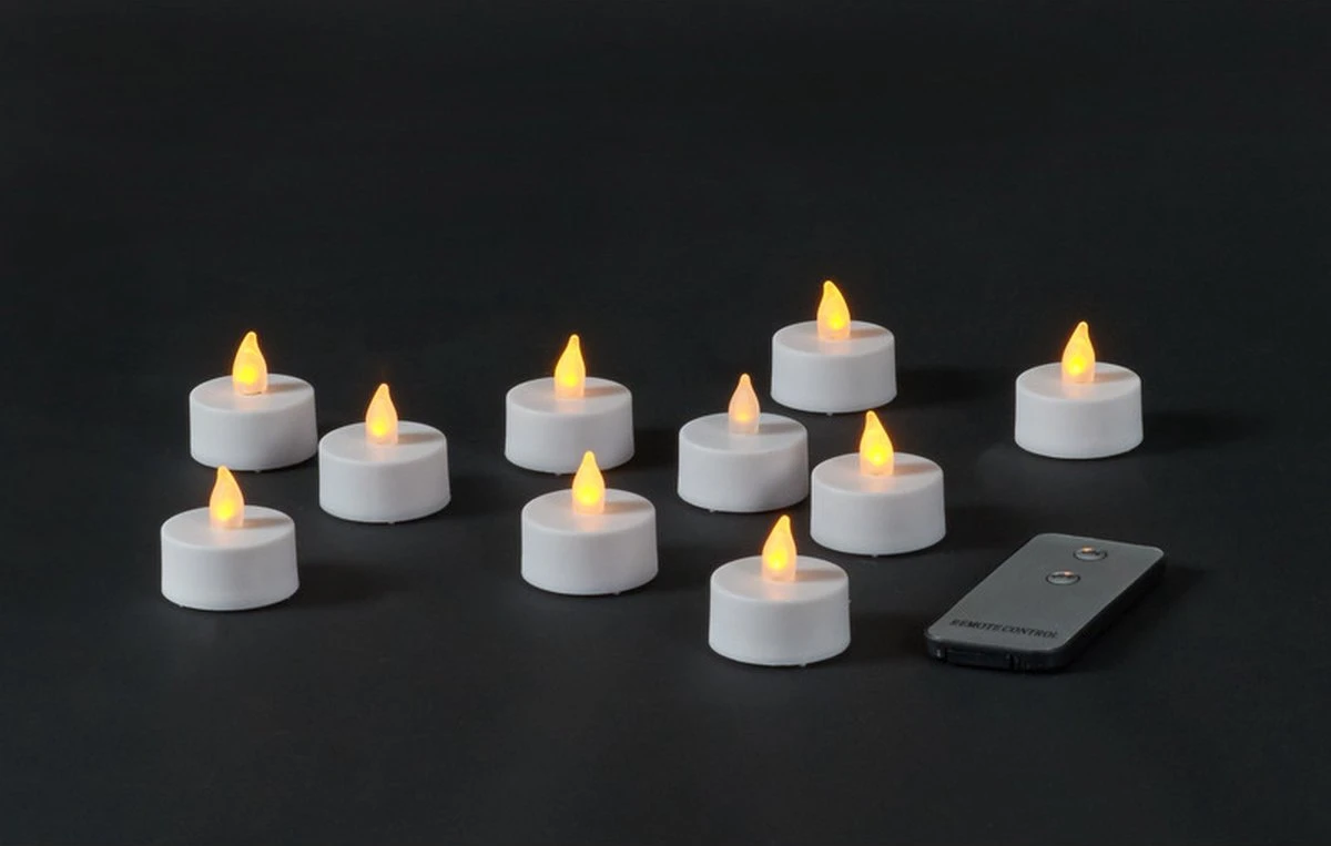 LED Theelichtjes/waxinelichtjes/kaarsjes Geel Vlameffect Met Afstandsbediening 10 Stuks - Kunststof Waxinelichtjes 2 LED Theelichtjes/waxinelichtjes/kaarsjes Geel Vlameffect Met Afstandsbediening 10 Stuks - Kunststof Waxinelichtjes - Afbeelding 2