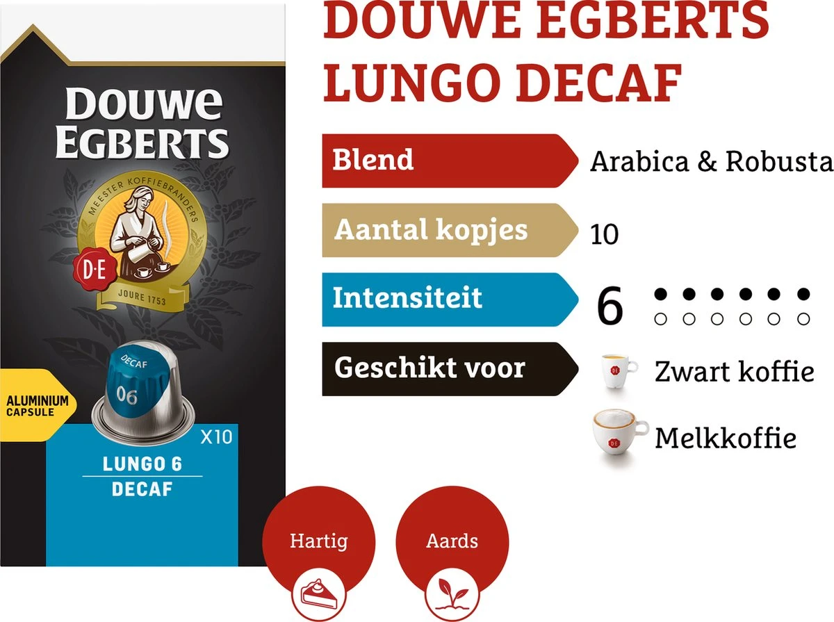 Douwe Egberts Lungo Decaf Koffiecups - Intensiteit 6/12 - 10 X 10 Capsules 4 Douwe Egberts Lungo Decaf Koffiecups - Intensiteit 6/12 - 10 X 10 Capsules - Afbeelding 4