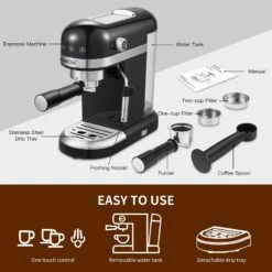 1350W 2 Cup Black Espresso Machine 20 Bar Compact Coffee Maker