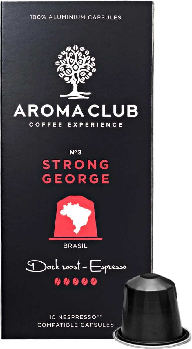 Aroma Club - Nespresso Compatible Capsules (120 St.) - No. 3 Strong George - Intensiteit 5/5 - Espresso - 100% Aluminium Koffiecups 1 Aroma Club - Nespresso Compatible Capsules (120 St.) - No. 3 Strong George - Intensiteit 5/5 - Espresso - 100% Aluminium Koffiecups
