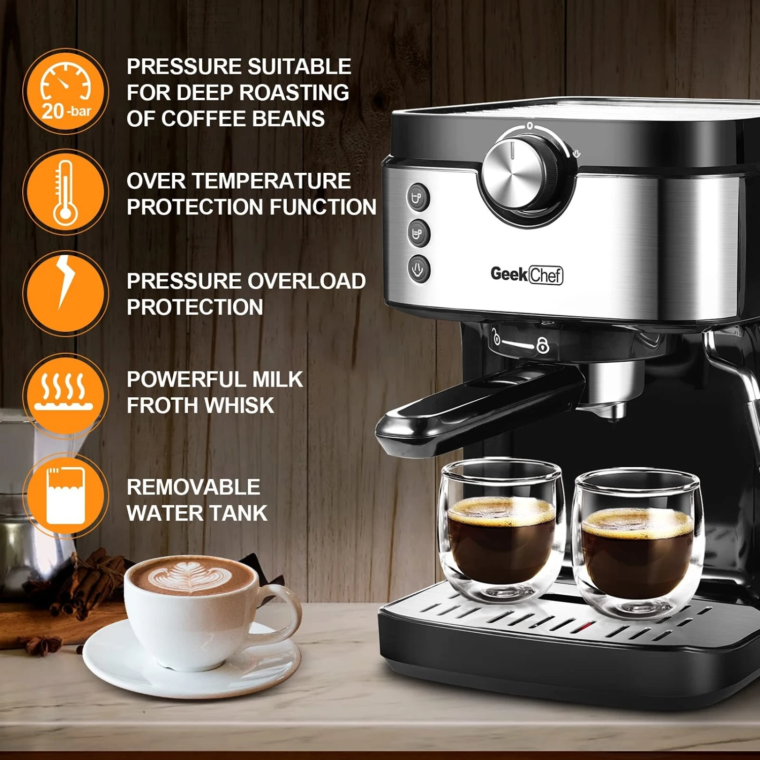 Espresso Machine 20 Bar Coffee Machine With Foaming Milk Frother Wand, 1300W No-Leaking 900 Ml Removable Water Tank Coffee Maker 4 Espresso Machine 20 Bar Coffee Machine With Foaming Milk Frother Wand, 1300W No-Leaking 900 Ml Removable Water Tank Coffee Maker - Afbeelding 4